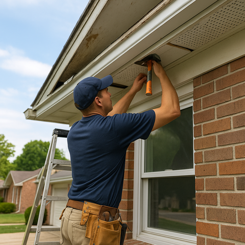 roofer repairing soffits and fascia on a home